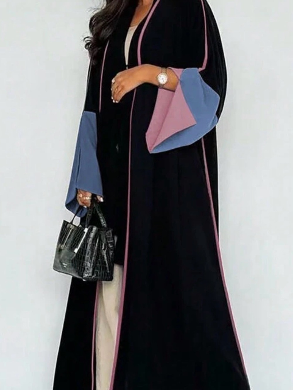 Elegant Black Long-Sleeve Abaya with Pink Trim and Blue Cuff Accents